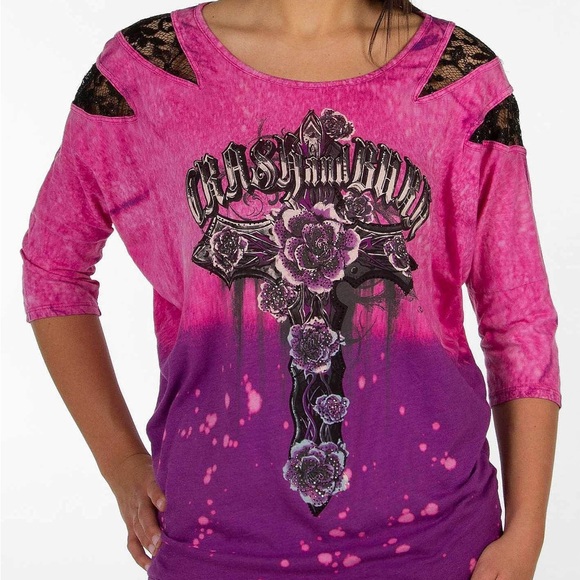 Crash & Burn Tops - 🗝️Crash & Burn Pink/Purple Tie Dye 3/4 Sleeve Top from Buckle, bedazzled